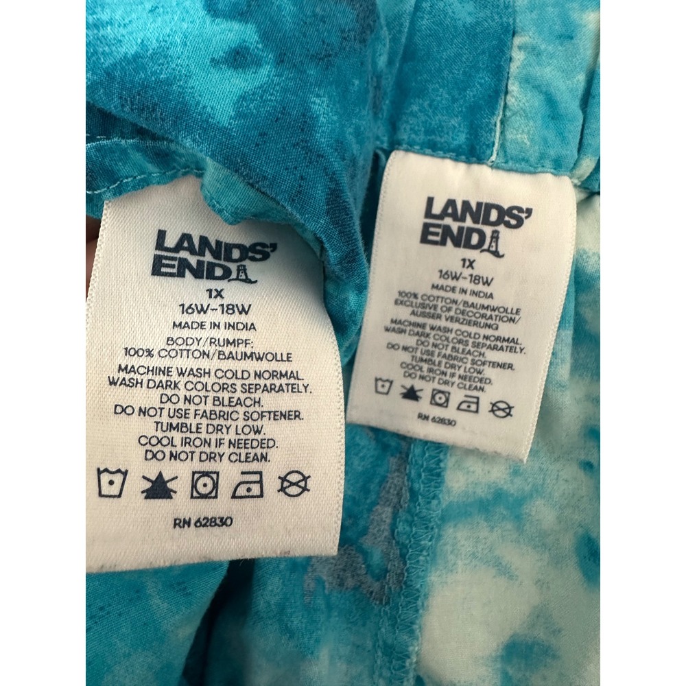Lands End Pajama 2 Pc Set Womens 1X Blue Tie Dye Button Top Pants Loungewear - Picture 8 of 11